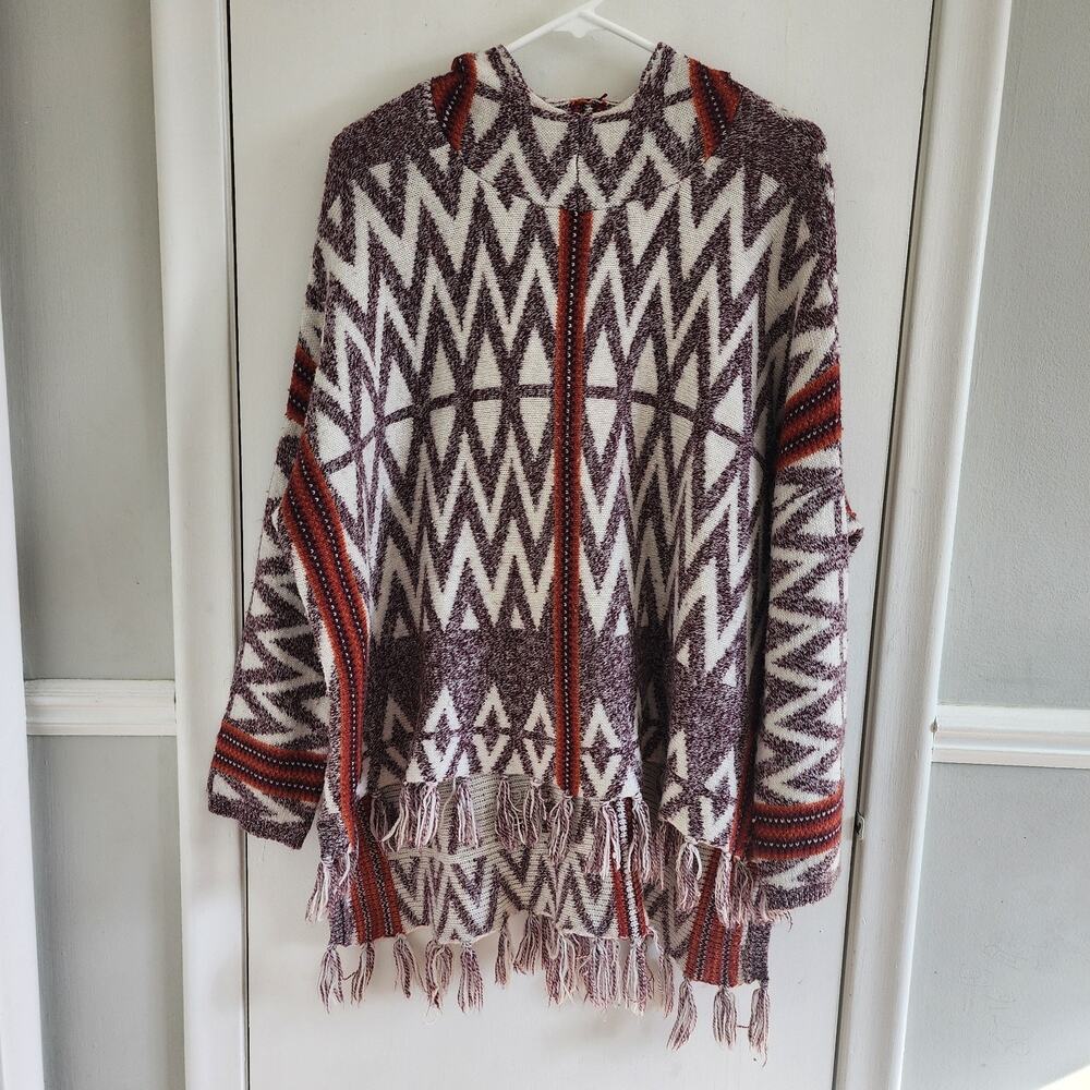 Shrinking Violet Hooded Fringe Sweater Size XL Brown Hippie Boho Aztec Pullover